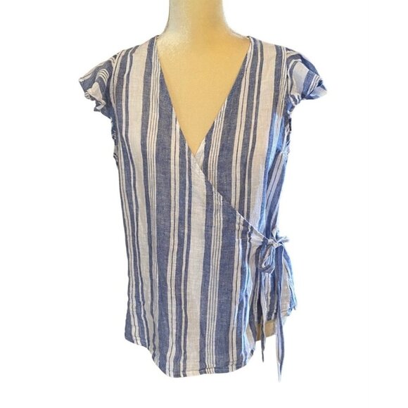 Old Navy Linen Wrap Stripe Blue Top, Medium - Picture 2 of 7